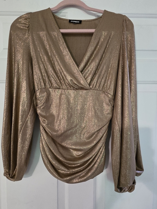 Express Tops - Express Metallic Gold Surplice Ruched Long-Sleeve Blouse